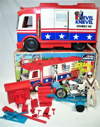 Vintage 1973 Ideal Evel Knievel Scramble Van W/ Cycle,  Figure,  And Box