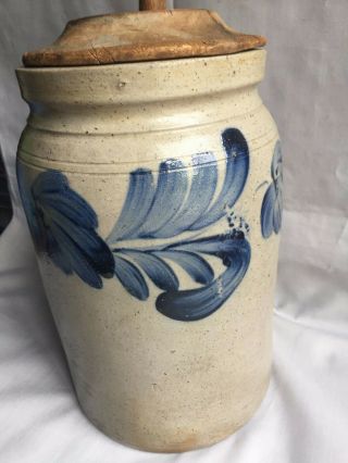 Rare 1 Gal Pa Stoneware Table Top Jar / Churn W/ 3 Cobalt Florals Nr