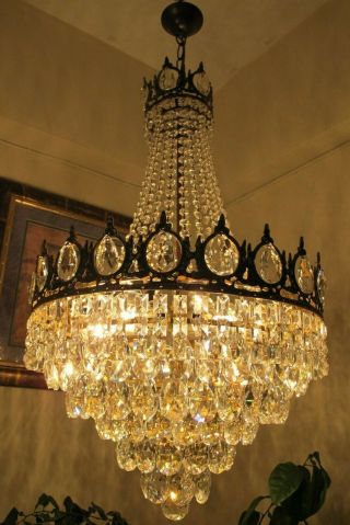 Antique Vnt.  Big French Basket Style Crystal Chandelier Lamp Light 1940 