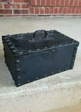 Antique Metal Strong Box Black Riveted W/ Keys Heavy Stagecoach Train Safe Lock