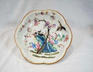 Antique Chinese Porcelain Famille Rose Birds Garden Tongzhi Mark Bowl On Foot