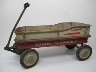 Vtg Radio Flyer Town And Country Radio Line W/ Metal Sideboard Wagon Pull Toy