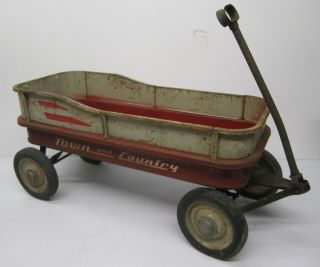 Vtg Radio Flyer Town and Country Radio Line W/ Metal Sideboard Wagon Pull Toy 4
