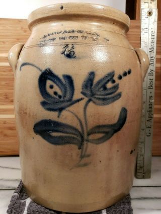 1.  5 gallon stoneware jar w/ cobalt floral dec.  stamped L Lehman&co.  west12st.  NY 12