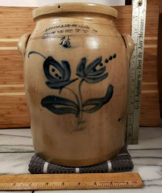 1.  5 Gallon Stoneware Jar W/ Cobalt Floral Dec.  Stamped L Lehman&co.  West12st.  Ny