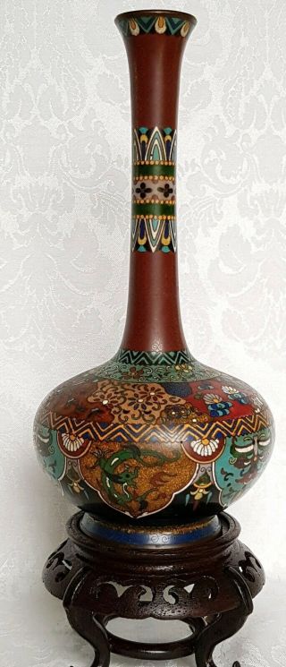 Antique Cloisone Chinese Bronze Vase Dragons &floral Motif W/base Unusual Shape