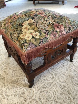 Antique Eastlake Wheeled Walnut Ottoman - 1870s Newly Upholstered Tapestry Fabric