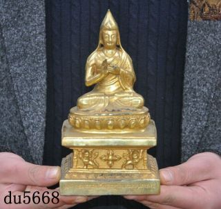 Tibetan Buddhism Bronze 24k Gold Gilt Tsongkhapa Master Shamanism Buddha Statue