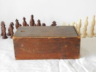 Antique Chinese Bone Bovine Carved Chess With Wooden Box