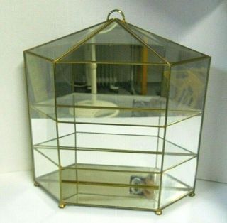 Vintage Brass & Glass Mirrored Display Case 3 Shelf Table Top Or Wall Mount