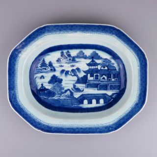 Chinese Canton Blue And White Porcelain Platter Dish Qing Dynasty - 19th C