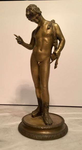 Antique Bronze Male Nude Stature classical Narcissus 9.  75” possibly signed 2