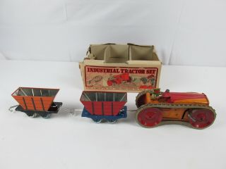 1930 Louis Marx Industrial Tractor Set Press Steel & Tin Wind Up Toy W/ Box Rare