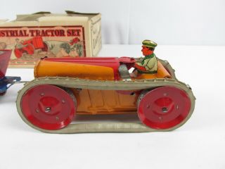 1930 Louis Marx Industrial Tractor Set Press Steel & Tin Wind Up Toy w/ Box RARE 3