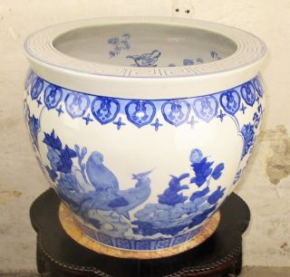 V Large Chinese Porcelain Blue White Koi Fish Bowl Planter Vase Birds 13.  8 "