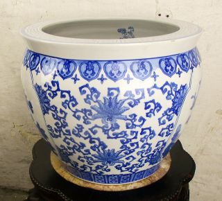 V Large Chinese Porcelain Blue White Koi Fish Bowl Planter Vase Birds 13.  8 