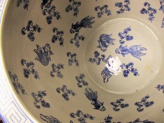 V Large Chinese Porcelain Blue White Koi Fish Bowl Planter Vase Birds 13.  8 