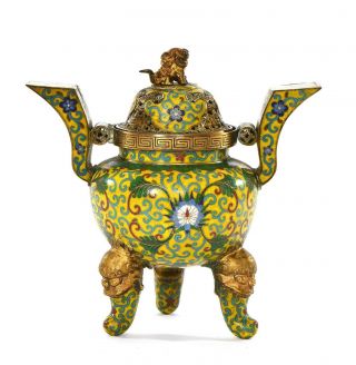 1930 ' s Chinese Gilt Cloisonne Enamel Censer Incense Burner Foo Lion Dog - 2