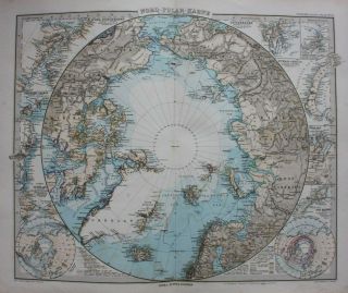 Antique Map North Pole,  Arctic,  Alaska,  Greenland,  Russia,  Stieler 1886