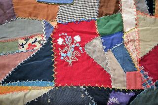 Victorian Crazy Quilt 67 " X 80 " Fabulous Embroidery Silks Velvet Suiting