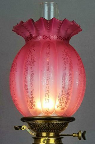 Victorian Cranberry Glass Kerosene Paraffin Oil Lamp Duplex Shade 4 