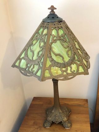 Antique Arts & Crafts Six Sided Green Slag Glass Brass Lamp