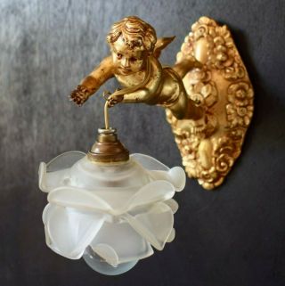 Art Nouveau French Angel Cherub Wall Sconce With Rose Glass Lamp Shade