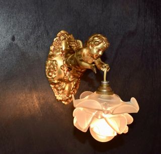 Art Nouveau French Angel Cherub Wall Sconce with Rose Glass Lamp Shade 2