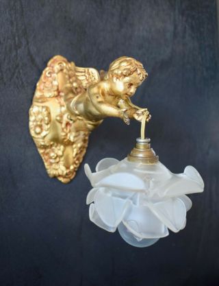 Art Nouveau French Angel Cherub Wall Sconce with Rose Glass Lamp Shade 8