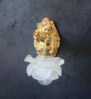 Art Nouveau French Angel Cherub Wall Sconce with Rose Glass Lamp Shade 9