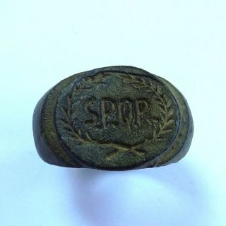 Roman Ancient Artifact Bronze Legionary Ring With Spqr