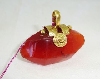 2000 Years Old Burmese Pyu Carnelian Facetted Bead W Contemporary Gold Bail (mil)