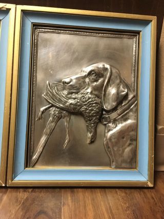 Antique Gustav Gurscher (1873 - 1971) ? Repousse Dog Bird Hunt Art Plaque Silver 3D 2