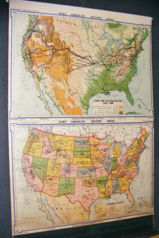 2 Vtg 1937 Denoyer - Geppert Co School Maps United States/&land/water Routes 1829