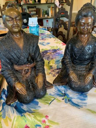Pair (2) Japanese Bronze Statues Sanurai Geisha Antique 1910