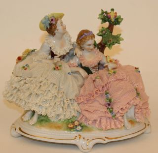 Large Dresden Lace Figurine Group Ladies In Garden With Birds Unterweissbach