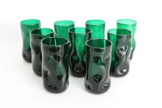 9 Blenko Vtg Mid Century Modern Green Art Glass Pinch Drinking Glasses Tumblers