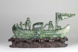 Antique Chinese 19th Century Carved Spinach Jade Boat Figures Hardwood Stand