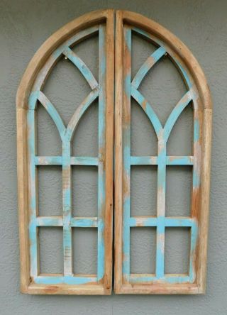 2 Wooden Antique Style Church Window Frame Shutters Wood Gothic 35 3/4 " Shabby