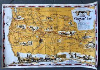 Antique Old Oregon Trail Map Printed 1948 W/ Indians,  Covered Wagons,  Gold Rush