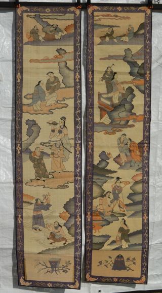 2 19c Chinese Silk Embroidery Kesi Kossu Panel Tapestry Textile Figure 165x38cm