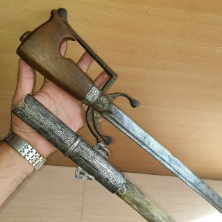 58 Old Rare Antique Islamic Ottoman / Moroccan Silver Sword Nimsha Horn Handle 2