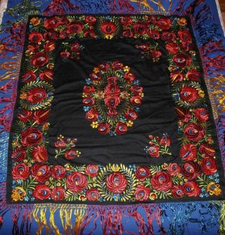 Vintage Embroidered Piano Shawl Scarf,  50 " X 46 ",  9 " Fringe,  Black W/flowers