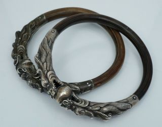 Chinese Export Sterling Dragon Bamboo Rattan Bangle Bracelets Silver Antique Old