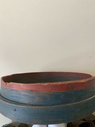 Antique Vintage 17 " Round Bent Wood Grain Flour Sifter Sieve Painted Blue/red