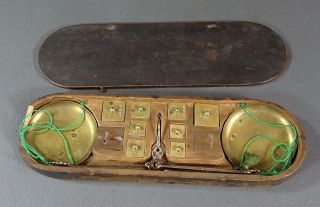 18c.  Antique French Gold Coin Balance Hand Held Travel Scale Wood Box Weights
