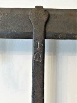 Antique 19th C HAND WROUGHT IRON Brass Inlay SIGNED D.  H HEARTH FORK Primitive 3