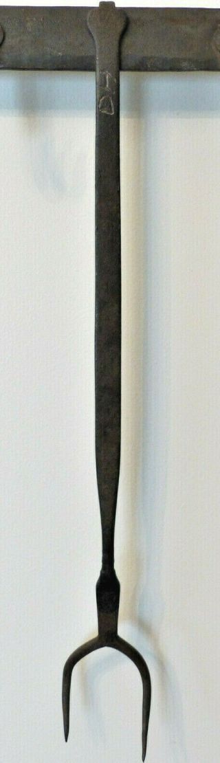 Antique 19th C HAND WROUGHT IRON Brass Inlay SIGNED D.  H HEARTH FORK Primitive 4