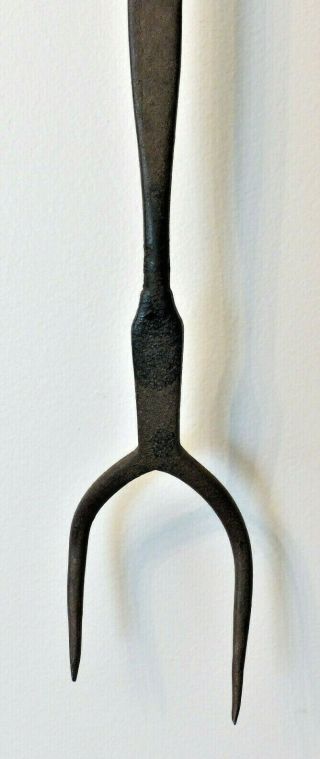 Antique 19th C HAND WROUGHT IRON Brass Inlay SIGNED D.  H HEARTH FORK Primitive 6