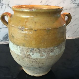 Antique Large French Handmade Pottery Confit Pot Yellow Glaze